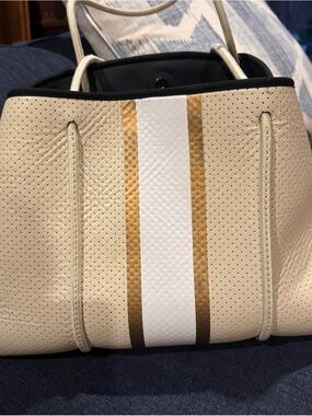 HAUTE SHORE Beige and White Tote with Gold Stripes with matching wallet